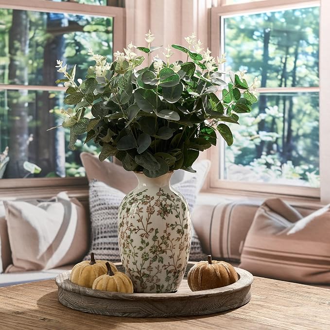 Green and Beige Antique Vase, 7.95" Vintage Chinoiserie Floral Vase, Modern Farmhouse Ceramic Vase for Home Decor, Living Room, Bookshelf, Office, Entryway, Garden, Chinoiserie Decor, Tuscan Decor