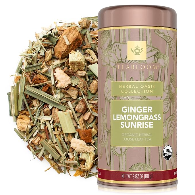 Teabloom Organic Herbal Tea, Ginger Lemongrass Sunrise Loose Leaf Tea, Sweet and Soothing, Fresh Whole Leaf Blend in Reusable Gift Canister, 2.82 oz/80 g Canister Makes 35-50 Cups