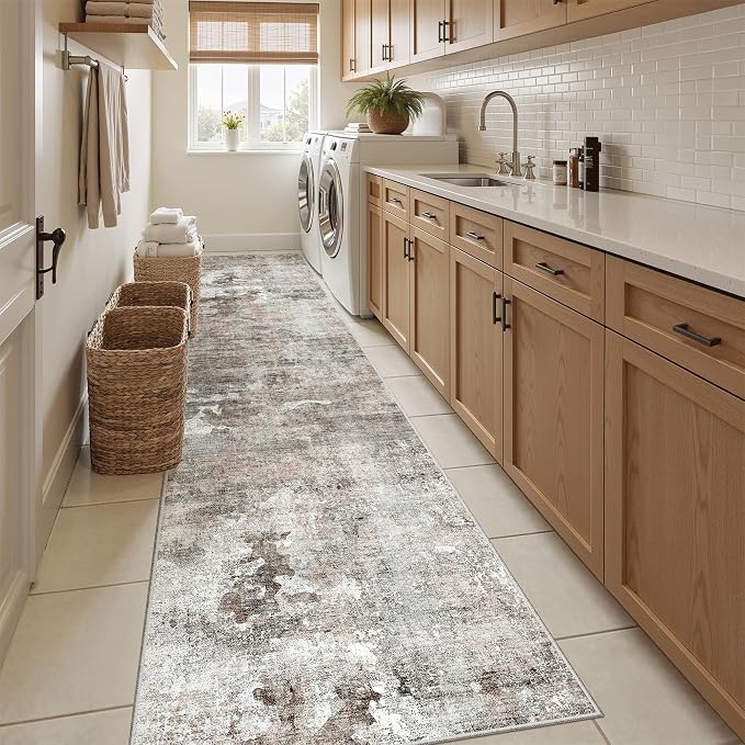 Soalmost Abstract Runner Rug 2x12 Hallway Kitchen Runners Pink/Grey | Vintage Washable Rugs for Bathroom Laundry Room, Low Pile Stain Resistant Floor Carpet Mat Entryway Corridor Bedroom