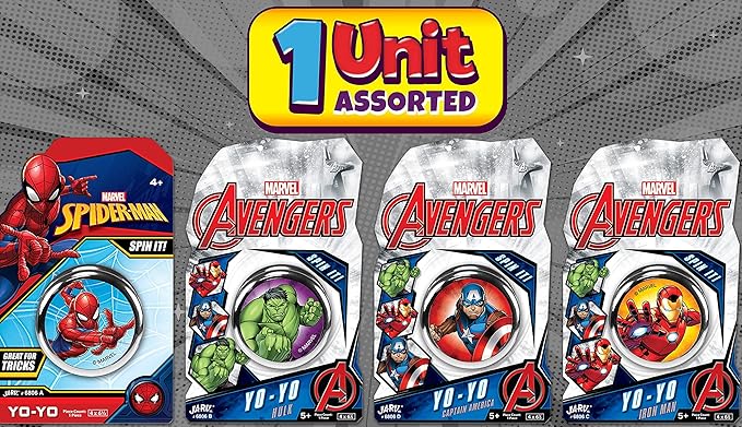 JA-RU Marvel Toys YoYo Toy (1 Unit Assorted Style) Superheroes Spiderman, Hulk, Captain America & Ironman Kids Yoyo Beginner String Trick Yo-Yo Game Fidget Toys for Boys 6806-1