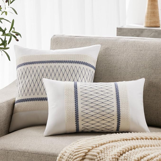 2pk Boho Pillow Covers 12x20, Natural White/Grid/Blue | 100% Organic Cotton Body, Stripe Embroidery, Farmhouse Decorative Cushion Covers for Sofa Bed Living Room Home Decor