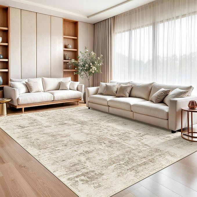 Soalmost Abstract Rug 8x10 Large Living Room Area Rugs Washable Beige/Gray | Modern Non-Slip Carpet for Dining Bedroom, Stain Resistant Foldable Thin Low Pile Floor Mat Under Table Home Office Decor