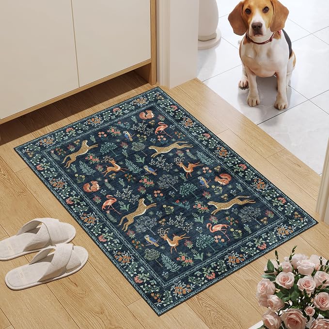 DUKINO 2x3 Entryway Rug, Washable Door Mat Animal Kitchen Rug, Navy Blue | Non Slip, Low Pile, Soft Indoor Small Rug for Entrance, Bedroom, Bathroom, Laundry, Pet Friendly, Lightweight, Non-Shedding