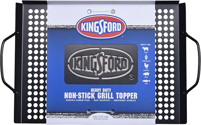 Kingsford Non-Stick Grill Topper Pan, Heavy Duty Carbon Steel BBQ Grilling Tray with Handles, Perforated Surface Helps Keep Small Foods from Falling Through Grates, 15.55 x 11.05 Inch