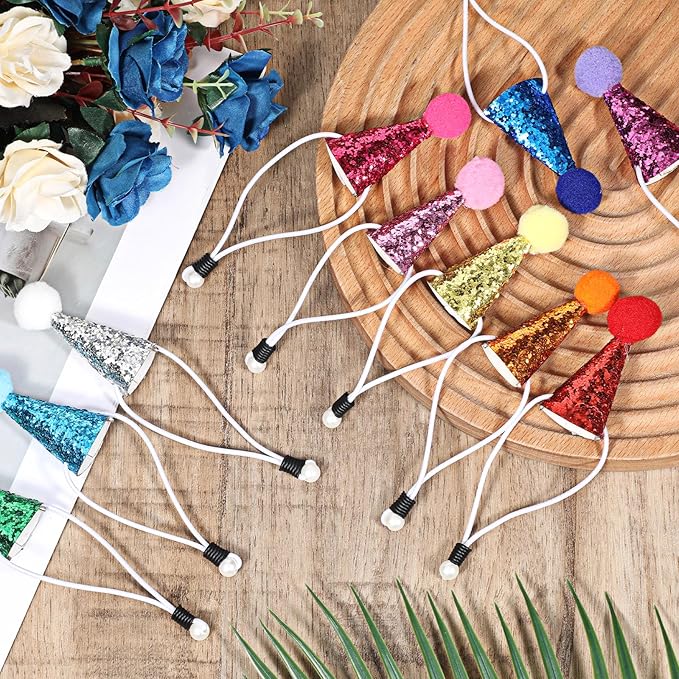 10PCS Small Birthday Hats for Stuffed Animals, Small Party Hats for Stuffed Animals, Dogs, Cats, Adjustable Tiny Hat with Pom Poms, Holiday Birthday Costume Accessories