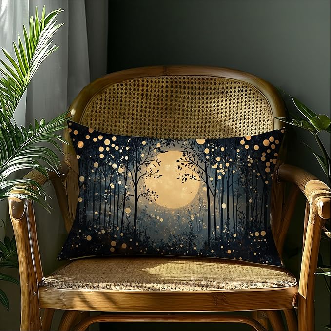 Vintage William Morris Inspired Gold Moon Pillow Covers 20x12,Rustic Black and Gold Forest Moon Botanical Nature Landscape Decorative Throw Pillow Covers for Home Bedroom Living Room