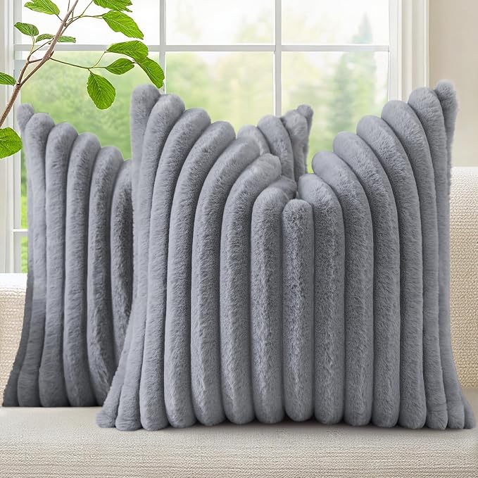 decorUhome Fall Faux Fur Throw Pillow Covers 16x16 Set of 2 Grey | Decorative Soft Cozy Striped Plush Modern Farmhouse Boho Couch Pillow Cases Velvet Back for Sofa Bed Living Room Home Decor