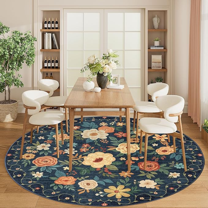 DUKINO 6ft Round Rug, Washable Circle Rug for Bedroom Non Slip, Navy Blue | Low Pile, Stain Resistant Indoor Rug for Living Room, Dining Room, Kids Room, Office, Pet Friendly, Home Decor, Non-Shedding