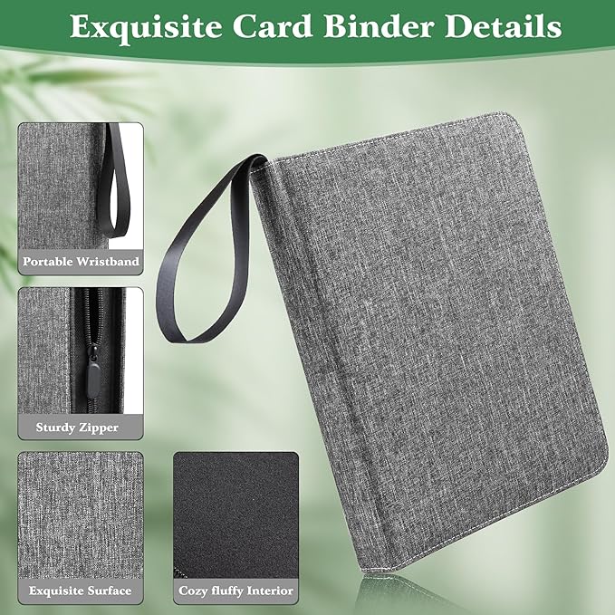 WOT I Trading Card Binder, 900 Pockets Collection Card Binder Sleeves with Polyester Fabric Cover&Zipper, Double Sided Pockets Card Holder Carry Card Case for Standard Size Cards - Grey