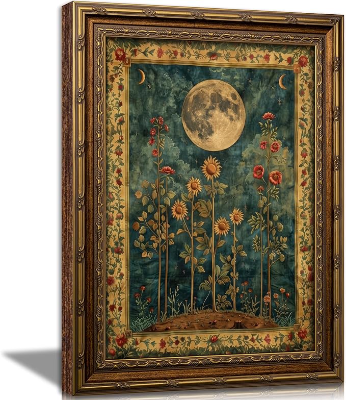 Vintage Gold Framed Celestial Moon Wall Art,Tarot Crescent Moon Painting Canvas Print,Gothic Moody Wildflowers Wall Decor,Dark Academia Vibe Poster Artwork,for Living Room Bedroom Bathroom