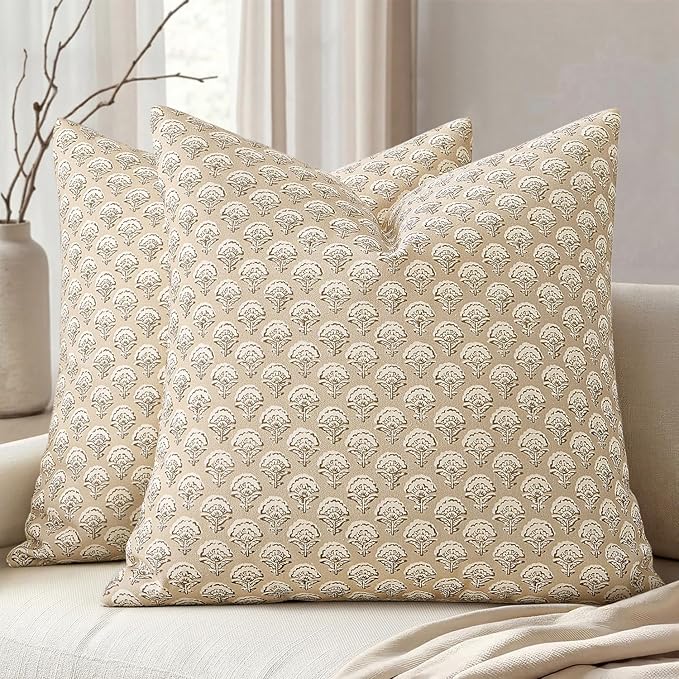 MIULEE Floral Print Decorative Pillow Covers 18x18, Cream Oatmea | Vintage Boho Farmhouse Modern Home Decor, Set of 2, Block Print Cushion Covers for Couch Sofa Bed Living Room