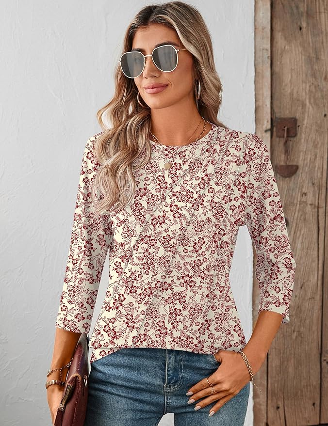 LOMON 3/4 Length Sleeve Womens Tops Spring Summer Fashion 2026 Tops Crew Neck Pleated Shirts Tunic Top Loose Fit