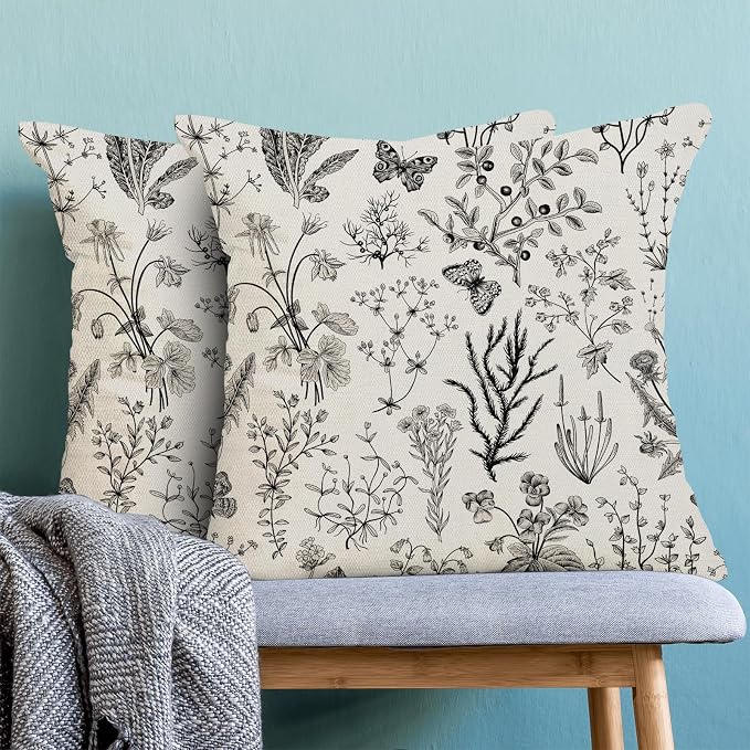 AEIOAE Spring Pillow Covers 24x24 Inch Set of 2,Black Gray Wild Flower Plant Throw Pillows Case,Seasonal Floral Outdoor Decorative Square Linen Farmhouse Decor Cushion Covers for Home Sofa Bed Couch