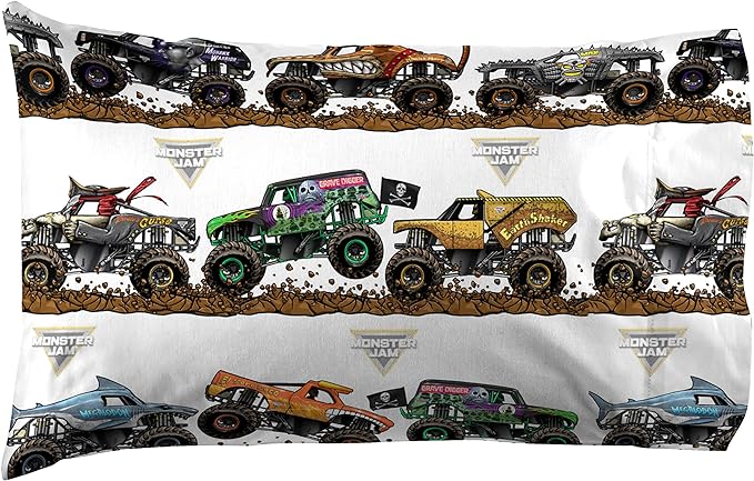 Jay Franco Kids Sheet Set with Fitted, Flat Sheets & Pillow Cover - Ultra-Soft Bedding with Pillowcase for Room Decor, Multi - Monster Jam, 4 Piece Full