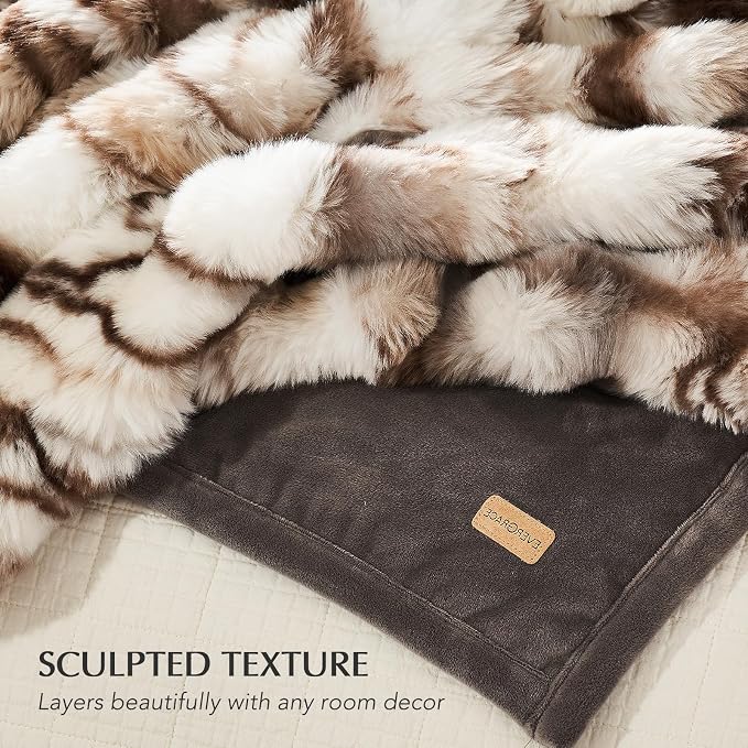 Faux Rabbit Fur Bubble Throw Blanket, 60"x80", Beige & Gray | Ultra Soft, Luxury Faux Rabbit Fur Throw, Thick Warm Bubble Blanket, Cozy Fluffy Reversible, for Bed, Couch, Chair, Sofa