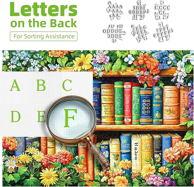 500 Piece Jigsaw Puzzle for Adults - Botanical Bookshelf: Flower-Covered Books, Wildflower Vines & Unique Cat-Shaped Pieces, Garden Art Puzzle, Challenging Hard Difficult Puzzles for Adults
