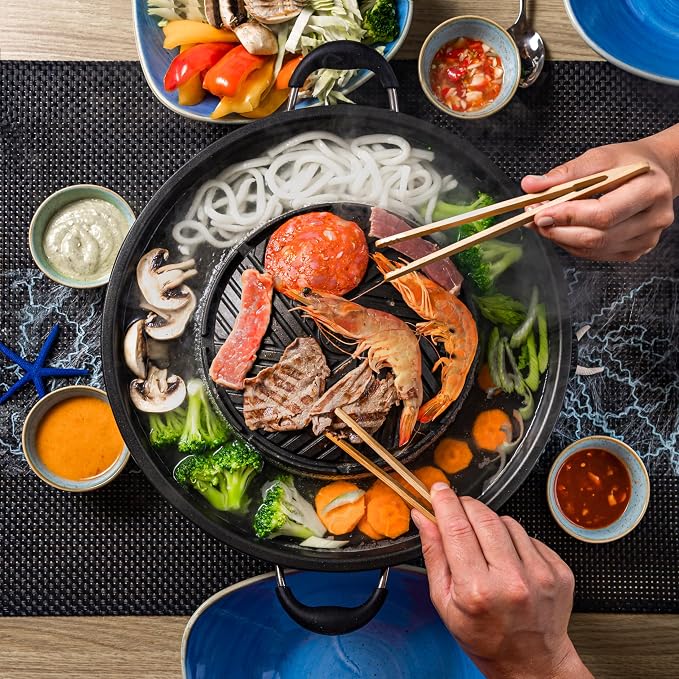 TomYang Stovetop Korean BBQ, Korean Bbq Grill Pan, 13 inch, Camping Pan, Non-stick Coating, More than 100 Recipe Videos, KBBQ pan, 4 x Bamboo tongs, Dishwasher, Grill Pan, Korean food