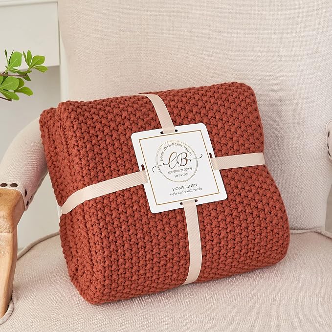 Chunky Cable Knit Throw Blanket Lightweight Rust 100% Organic Cotton Blanket for Sofa Couch Bed Baby Nursery, Rustic Shabby Chic Modern Farmhouse, 51” x 63” Give Laundering Bag