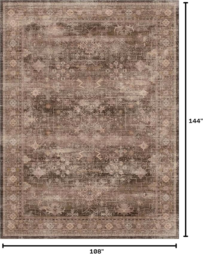 Hazo Haus Brown 9x12 Living Room Rug - Vintage Western Eclectic Unique Neutral Taupe, Washable Low Pile Non-Slip Large Area Rugs for Dining Under Table Bedroom Under Bed