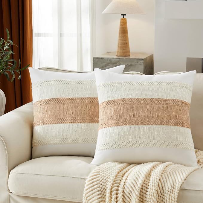 2pk Boho Pillow Covers 22x22, Natural White/Contrast/Beige | 100% Organic Cotton Body, Stripe Embroidery, Farmhouse Decorative Cushion Covers for Sofa Bed Living Room Home Decor