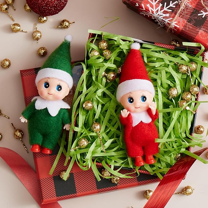 JOYIN 2PCS Christmas Elf Plush Doll, Red and Green Tiny Elf Doll with Clothes and Belt Pattern Soft Plush Accessories for Christmas Holiday Decorations, Dress-Up Party