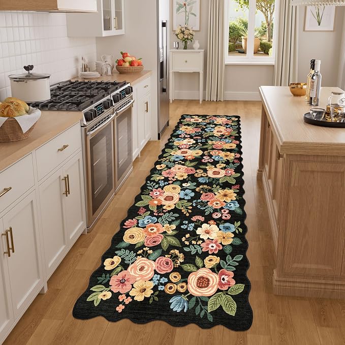DUKINO 2x7 Runner Rug for Hallway, Floral Washable Rug for Kitchen, Black | Low Pile, Stain Resistant, Soft Throw Carpet Runner for Entryway, Bedroom, Bathroom, Laundry, Pet Friendly, Modern Home Decor