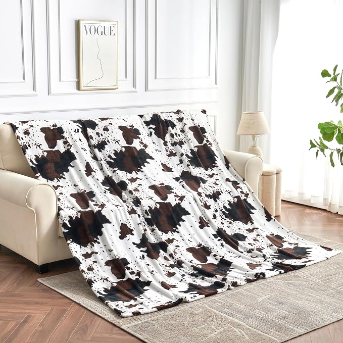 Edenleaf Queen Size Cow Blanket for Couch Bed, Soft Cozy Fleece Cow Printed Blanket for All Seasons 90"x90" (Dark Brown)