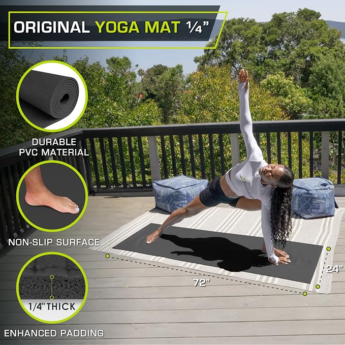 ProsourceFit Original Yoga Exercise Mat 1/4” (6mm) Thick for Comfort and Stability with Carrying Straps, Non Slip –Multiple Colors