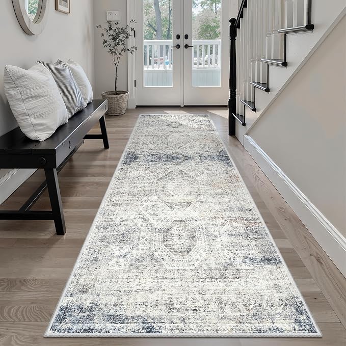 Soalmost Washable Runner Rug 2'6"x8' Kitchen Hallway Runners Blue/Ivory | Soft Non-Slip 2.5x8ft Carpet for Entryway Bathroom, Low Pile Vintage Foldable Floor Mat for Corridor Laundry Room Bedroom