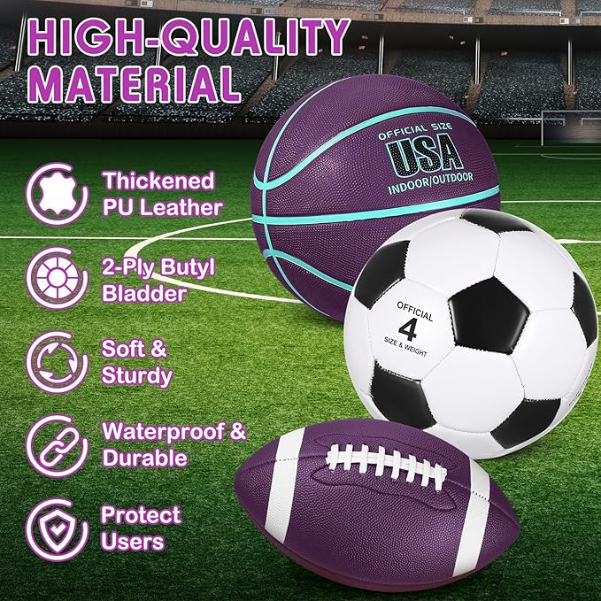 Libima 3 Pcs Sports Ball Set for Kids Teens Include Official Size 5 Basketball 4 Soccer 6 Football with Pump and Carry Bag Training Practice Sport Gift for Kids Teens Back to School