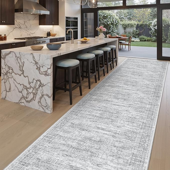 Soalmost Washable Hallway Runner Rug 3x20 Kitchen Entry Rugs Non-Slip, Grey | Vintage Extra Long Runners 20ft for Bathroom Entryway, Foldable Low-Pile Wide Floor Carpet for Corridor Living Room Bedroom