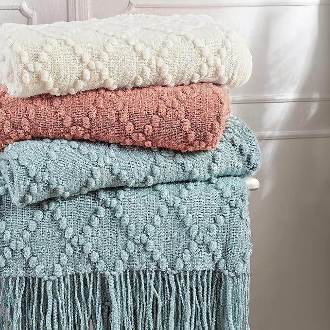 BOURINA Coral Pink Throw Blanket 50 x70 Inch Jacquard Throw Knitted Blanket | Jacquard Argyle Throw Textured Solid Soft Throws and Blankets for Sofa or Bed Knitted Decorative Blanket