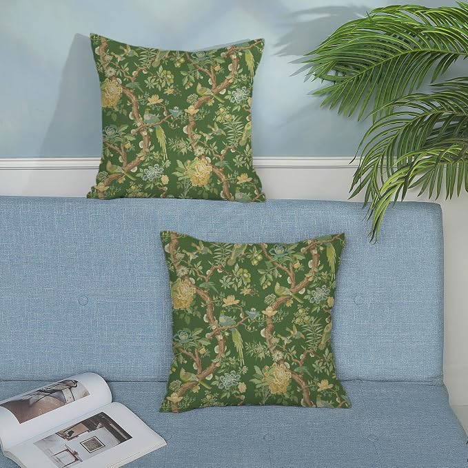 Floral Bird Pillow Covers 18x18 Set of 2 Chinoiserie Green Throw Pillow Covers Vintage Flowers Bird Decorative Pillow Cases Outdoor Chinoiserie Decor Farmhouse Cushion Case for Couch Sofa