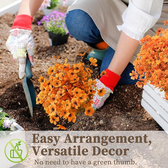 ColoPlay 18 Bundles Artificial Mums for Outdoors, Fake Flowers Fall Decor | Faux Mums for Outdoor Planters, Eucalyptus Leaves UV Resistant Fake Plants for Home Porch Box Wedding Farmhouse(Fall Orange)