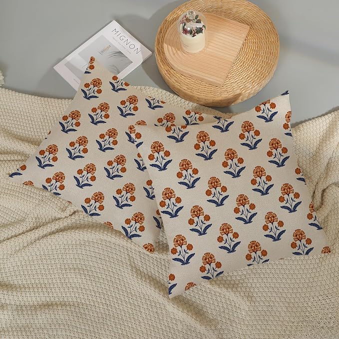 Orange Navy Blue Floral Pillow Covers 18x18 Set of 2, Vintage Block Print Flower Decorative Throw Pillows Modern Rustic Cushion Covers for Sofa Couch Bed Living Room Home Decor for Couch Sofa