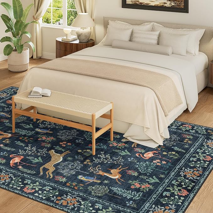 DUKINO 9x12 Area Rug for Living Room Washable Animal Rug Non Slip Navy Blue | Low Pile, Non-Shedding, Soft Indoor Large Carpet for Bedroom, Dining Room, Kids PlayRoom,Nursery, Farmhourse, Pet Friendly