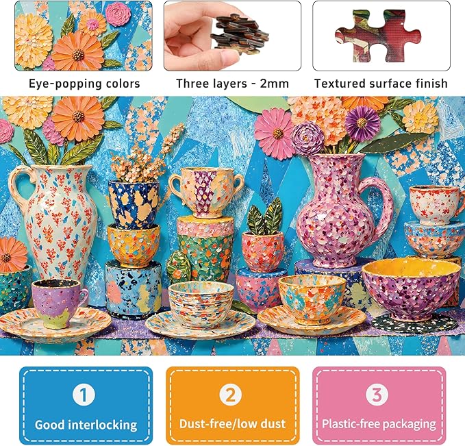 Vibrant Teapot Ceramic Collage Jigsaw Puzzles for Adults 1000 Pieces, Irregularly Shaped Difficult Puzzles Perfect for Game Night, Great Gift Idea, Size 26.65 x 19.25 in