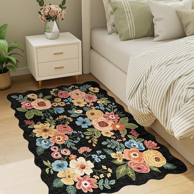 DUKINO 3x4 Rug, Non Slip Floral Washable Area Rug for Entryway, Black | Soft, Low Pile, Non-Shedding Indoor Throw Rugs for Kitchen, Hallway, Bedroom, Bathroom, Laundry, Pet Friendly, Home Decor
