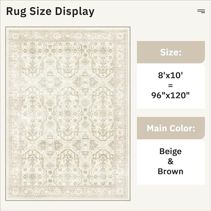 Soalmost 8x10 Area Rugs Large Washable Living Room Rug Non-Slip Beige/Brown | Soft Farmhouse Vintage Carpet for Dining Bedroom, Stain Resistant Low Pile Foldable Thin Floor Mat Under Table Home Decor