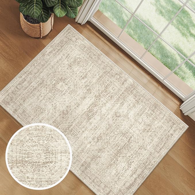 Soalmost 2x3 Washable Rugs for Kitchen, Entryway, Small Area Rug Beige | Non-Slip Vintage Low Pile Throw Door Mat For Bathroom Entry Laundry Powder Room, Stain Resistant Indoor Entrance Floor Carpet