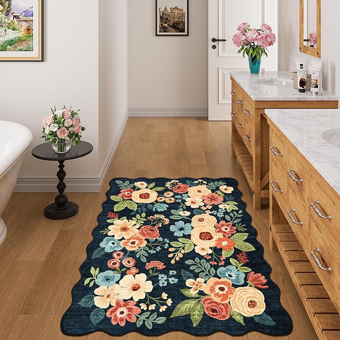 DUKINO 3x4 Rug, Non Slip Floral Washable Area Rug for Entryway, Navy Blue | Soft, Low Pile, Non-Shedding Indoor Throw Rugs for Kitchen, Hallway, Bedroom, Bathroom, Laundry, Pet Friendly, Home Decor