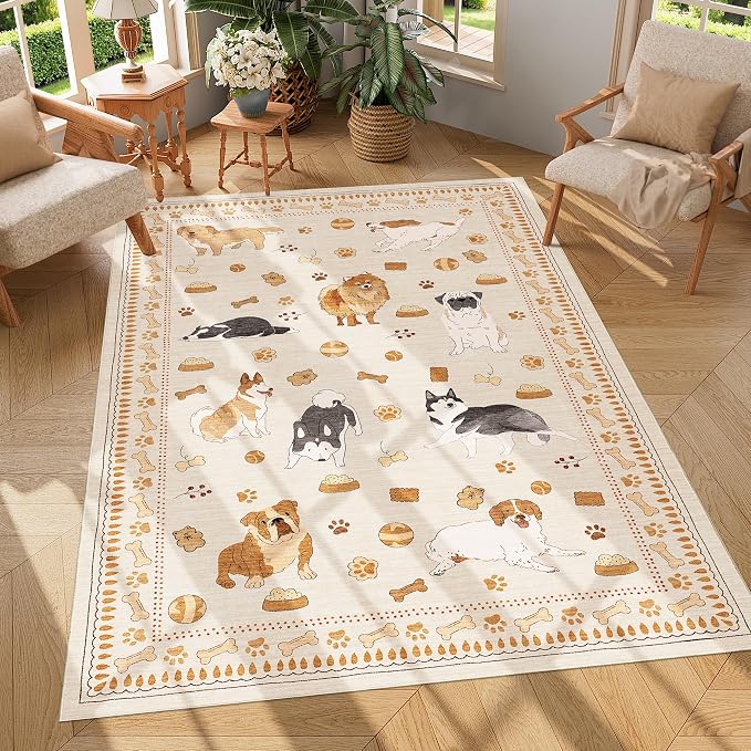 DUKINO 4x6 Area Rug, Washable Dog Rug for Living Room Non Slip Beige Yellow | Low Pile, Stain Resistant, Soft Animal Carpet for Bedroom Office Dorm Dining Room Kids Room Farmhouse, Kid & Pet Friendly