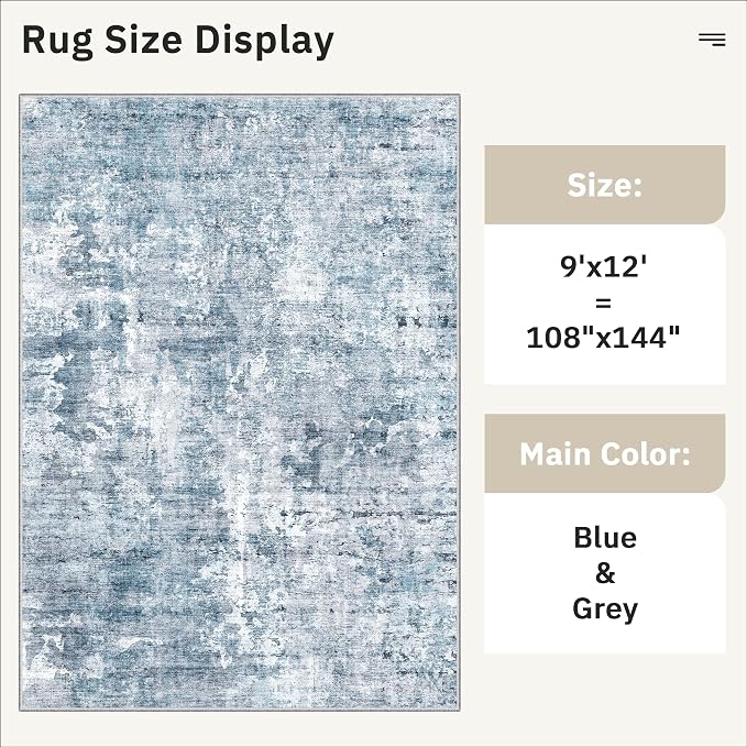 Soalmost 9x12 Area Rugs for Living Room Washable Rug Abstract Blue/Grey | Non-Slip Large Modern Carpet for Dining Bedroom, Soft Low Pile Lightweight Foldable Floor Mat Nursery Home Office Decor