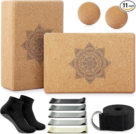 Outus 2 Pcs Yoga Accessories Cork Yoga Blocks Set 2 Cork Fascia Balls 5 Gray Gradient Series Resistance Bands 2 Black Socks and Balck Stretching Strap for Women Pilates, Stretching and Toning