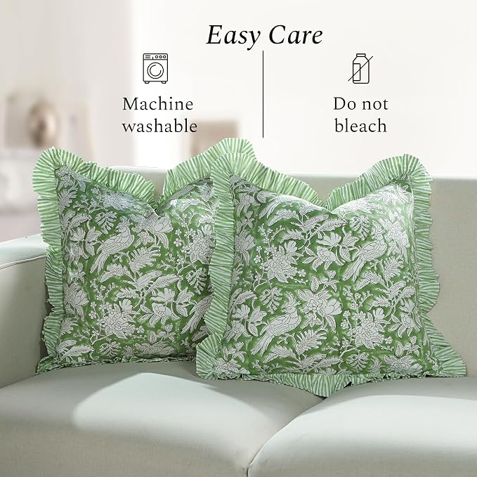 CPC Olive Green 100% Cotton Block Print Ruffle Pillow Cover 16X16 inch, Handmade Boho Floral Pillowcase, Farmhouse Cottagecore Bedding, Soft Decorative Cushion Cover for Bedroom Décor