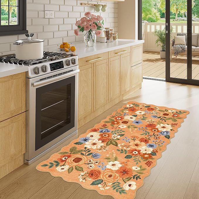 DUKINO 2x4 Rug for Entryway, Floral Washable Kitchen Rugs Non Slip, Orange | Soft, Low Pile, Stain Resistant Throw Runner Rug for Hallway, Bedroom, Bathroom, Laundry, Pet Friendly, Modern Home Decor