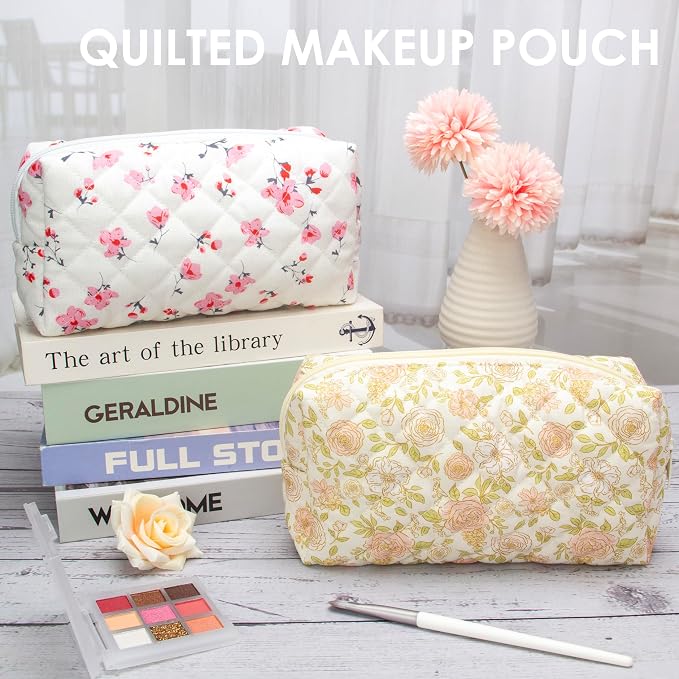 PAZIMIIK Small Quilted Makeup Bag,Zipper Cosmetic Pouch,Rose Beige | Lightweight Cosmetic Bag Organizer for Women,Purse Storage Holds Makeup,Toiletries,Skincare,Beauty Essentials,Travel Items