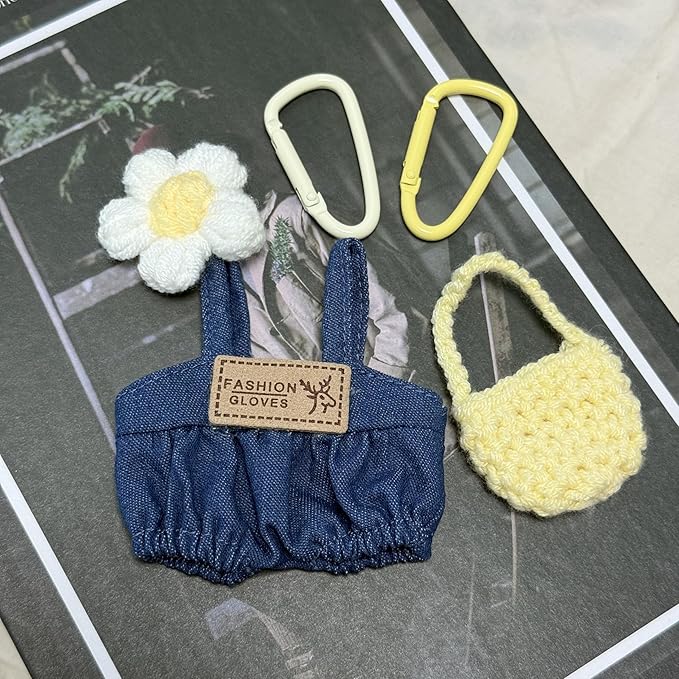 17cm Doll Clothes, Clothes for Cute Dolls Outfit, Stylish Kawaii Clothes & Accessories for 15-17cm Dolls, Outfit+Flower Pin+Mini Crochet Handbag+Keychains (Denim Blue)