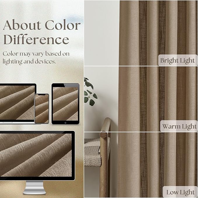 TWODRAPES 98 Inch Tan Brown Linen Curtains for Living Room Pinch Pleated Drape with Hooks Rings for Track System Light Filtering 98 Inch Curtain for Bedroom Sliding Patio Door 2 Panels Latte