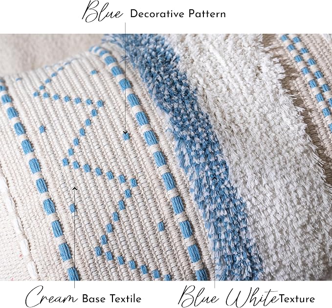 20X54 Oversized Large Lumbar Pillow Cover for Bed, Rectangular Long Decorative Throw Pillowcase, Cotton Boho Accent Cushion with Blue Tufted Pattern and Tassels, Cream Neutral (Cover Only)